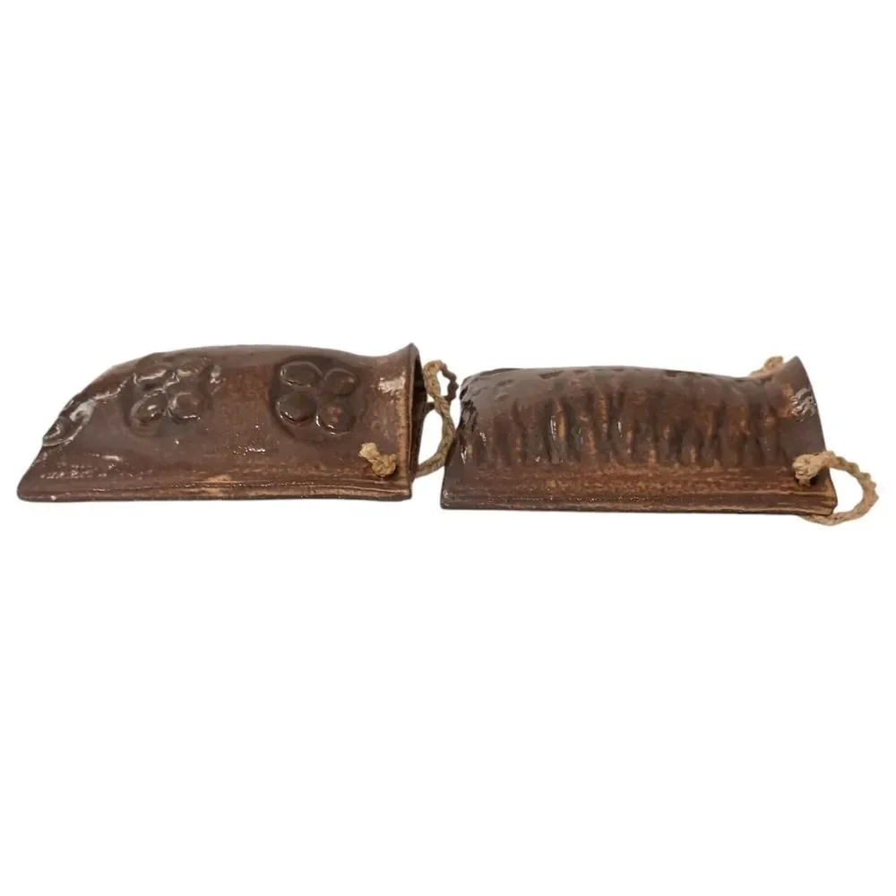 2 Studio‎ Art Pottery Wall Pockets Brown Floral Etched Farmhouse Rustic Cottage.